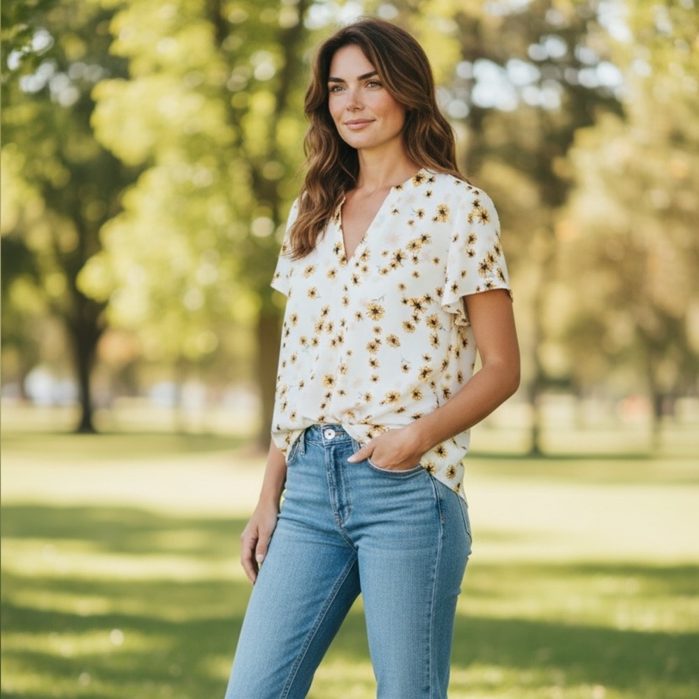 Maurices Cream Floral V-Neck Blouse with Yellow Sunflower Print